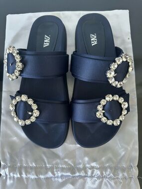Zara Navy Satin Slide Sandals with Crystal Buckle Accents